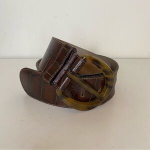 FURLA Leather Croc Embossed Wide Chunky Tortoiseshell Buckle Belt Brown 75cm